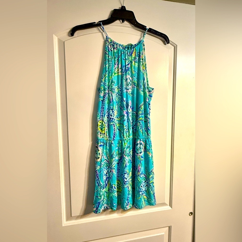 Lilly Pulitzer Halter Romper Womens Small Teal Blue Tropical Palm Bohemian